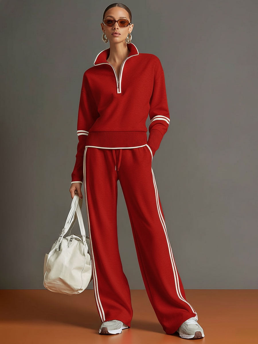 Carla - Retro Sportski Set sa Remenom u Sivo-beloj Boji sa Polu-zatvaračem i Širim Pantalonama