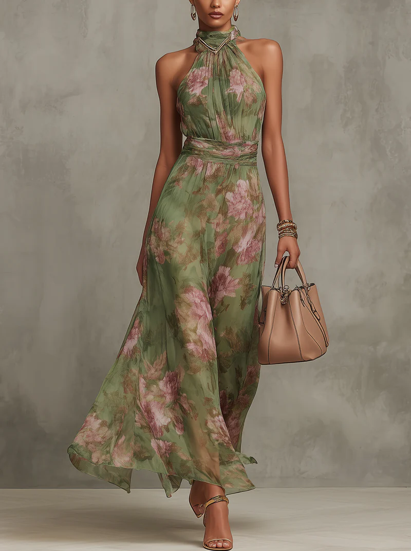 Livia | Elegantna Maxi Halter Haljina s Cvjetnim Uzorkom
