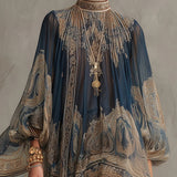 Mornarsko plava barokna print haljina s visokim ovratnikom i asimetričnim krojem